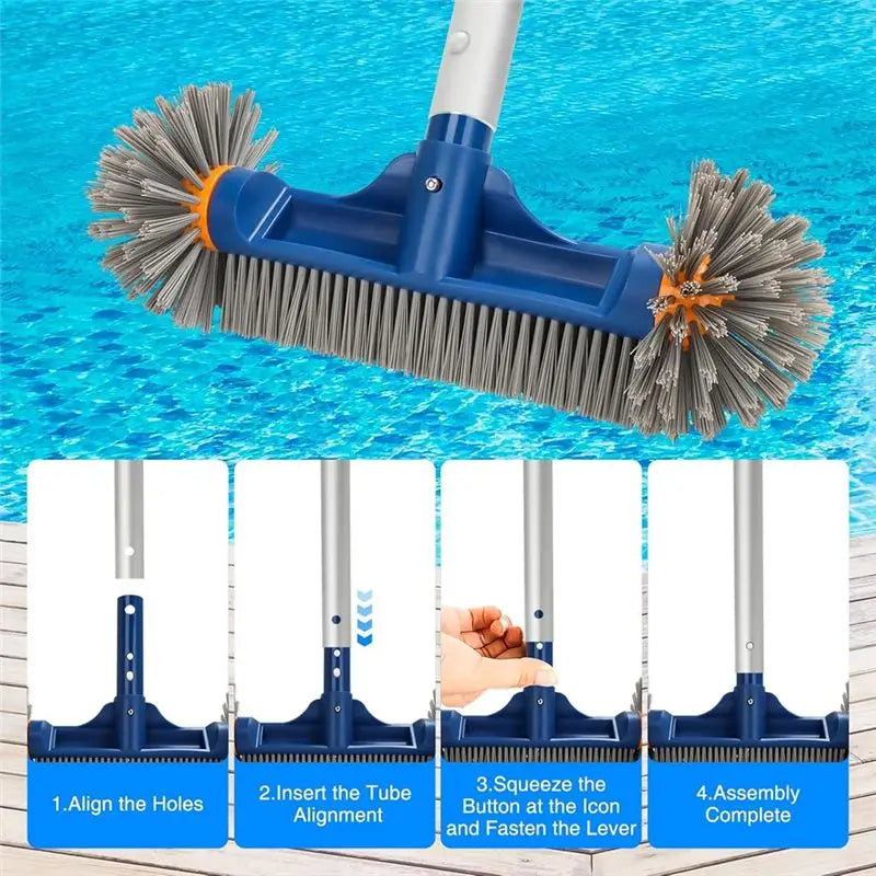 Innovative 13" Pool Brush With Round Ends, Pool Brush Head For Cleaning Pool Walls, Includes EZ Clip Blue